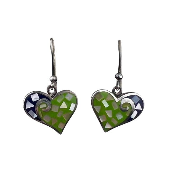 Inlaid Stone Mother of Pearl Heart SX Thailand Sterling Silver Pierced Earrings - Picture 1 of 13